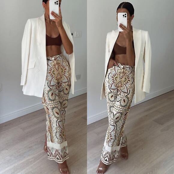 Zara Linen Blend Paisley Mandala Floral Print Wide Leg Ankle Flare Pants XXL - Picture 3 of 16